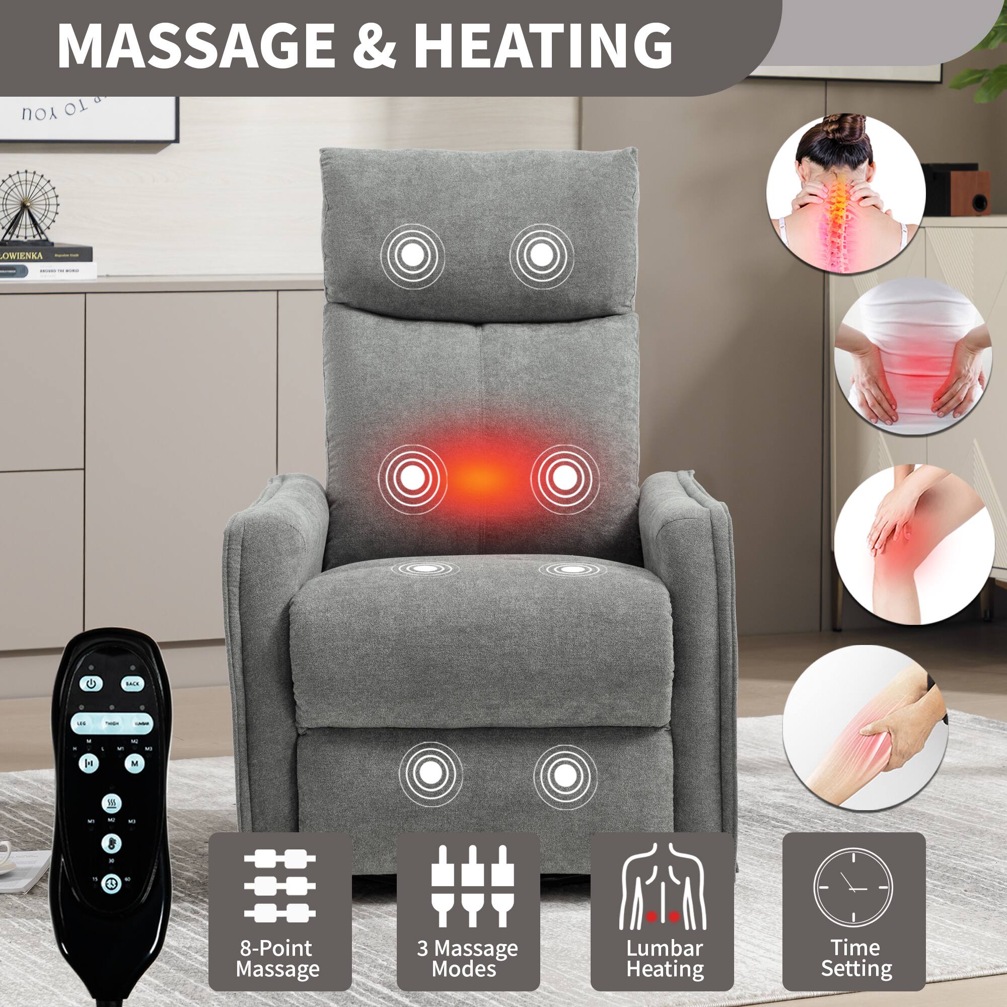 MASSAGE & HEATING

- 8-Point Massage
- 3 Massage Modes
- Lumbar Heating
- Time Setting