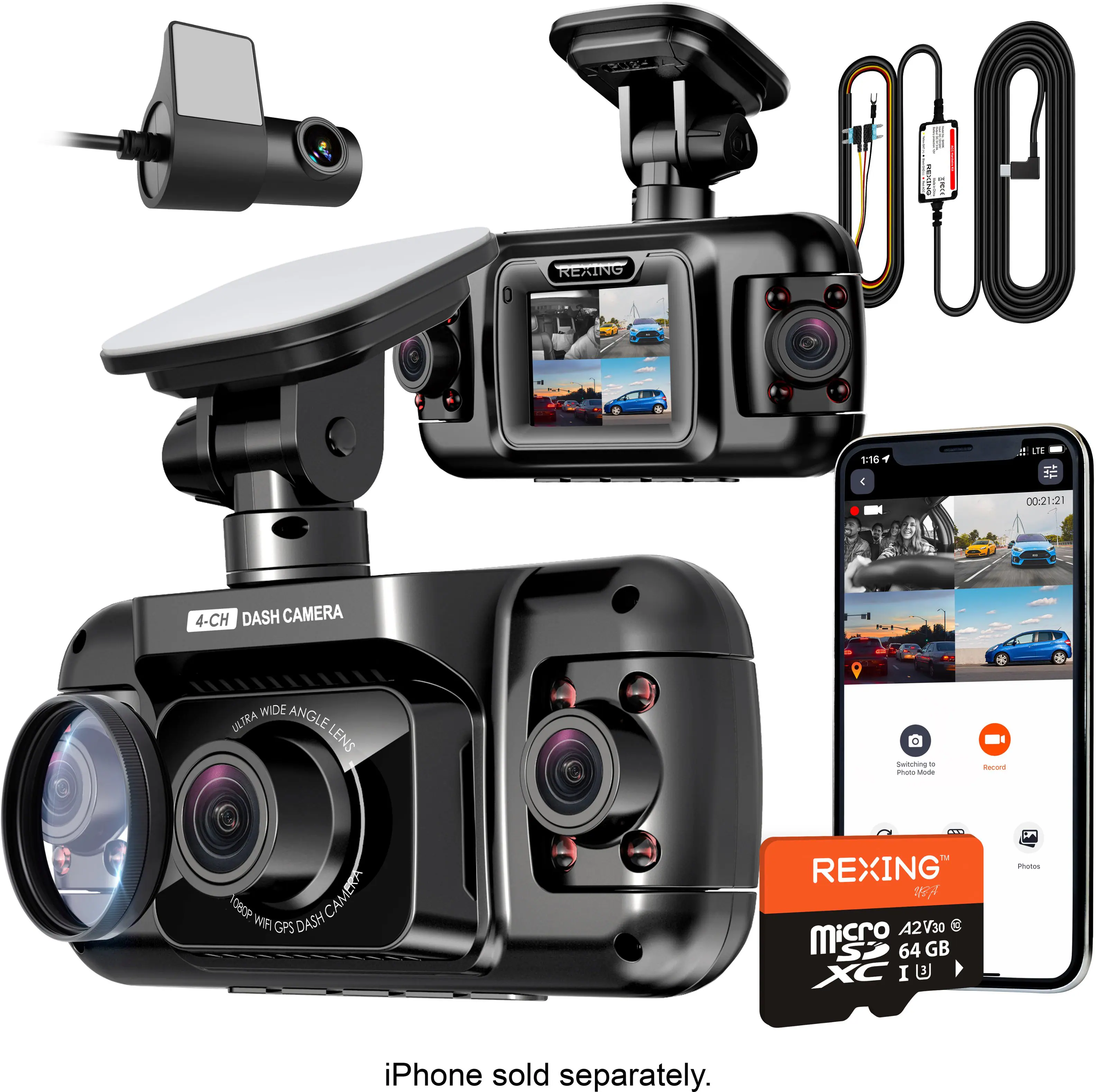 REXING 90 If LTS - 00:21:21 21 4-CH DASH CAMERA WIDE ANGLE LLTRA LENS Shooting - - o Becons 1080P CA CAMERA WIF GPS DASH C.. REXING 1 A2 V30 Micro S2 64 GB XC I U T Pas iPhone sold separately.