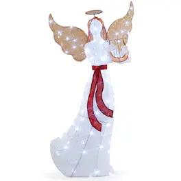 Costway - 5 FT Lighted Angel with Harp LED Lights Halo Zip Ties & Ground Stakes Christmas - White