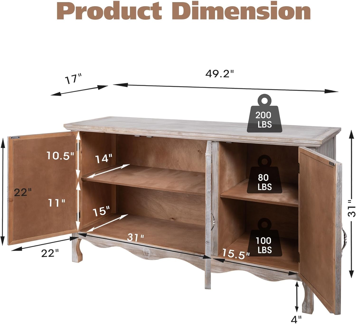 Product Dimension  
17" x 49.2" x 200 LBS  
22" x 10.5" x 11" x 14" x 15" x 80 LBS  
15.5" x 4" x 31" x 100 LBS
