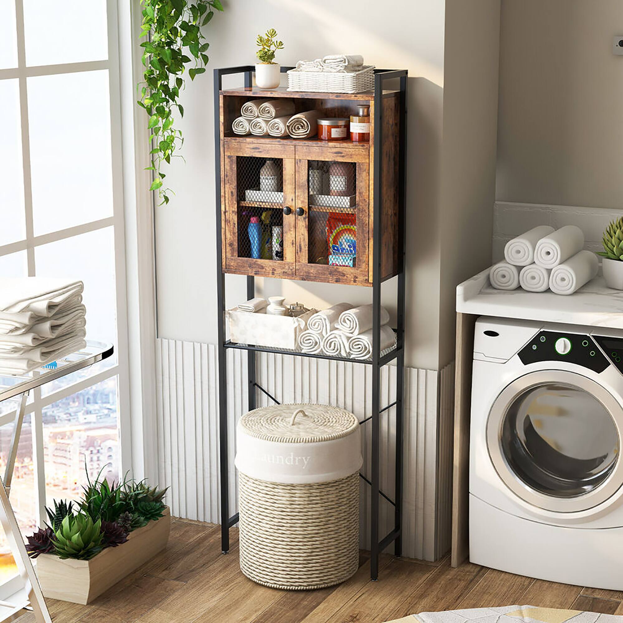 Alt View 3. Gymax - Gymax Over-The-Toilet Storage Cabinet w/ Heavy-Duty Metal Frame 2-door Freestanding - Rustic Brown.