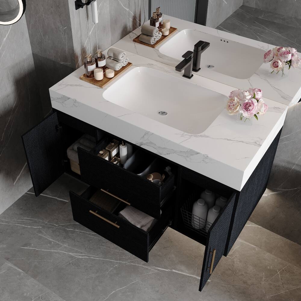 Alt View 3. Loheer - Loheer 39.4 inch wall mounted bathroom vanity waterproof plywood cabinet with ceramic basin - Black, White.