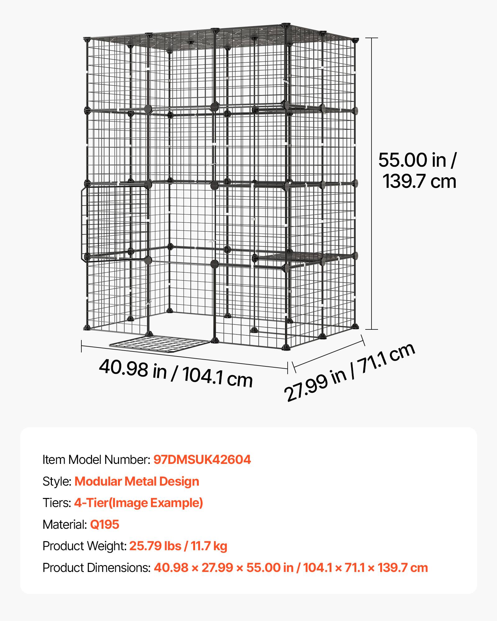 55.00 in / 139.7 cm  
40.98 in / 104.1 cm  
27.99 in / 71.1 cm  

Item Model Number: 97DMSUK42604  
Style: Modular Metal Design  
Tiers: 4-Tier (Image Example)  
Material: Q195  
Product Weight: 25.79 lbs / 11.7 kg  
Product Dimensions: 40.98 x 27.99 x 55.00 in / 104.1 x 71.1 x 139.7 cm
