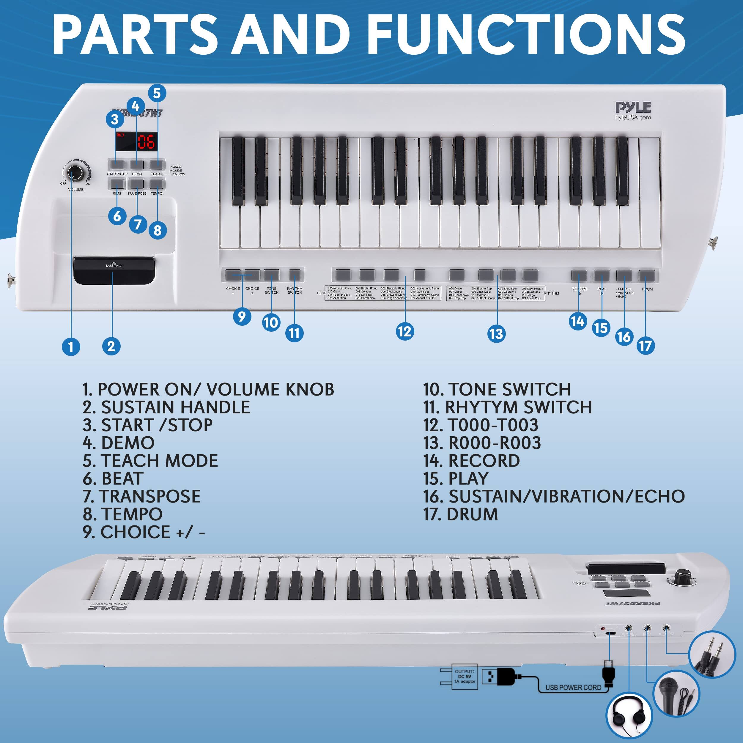 PARTS AND FUNCTIONS

1. POWER ON/ VOLUME KNOB
2. SUSTAIN HANDLE
3. START /STOP
4. DEMO
5. TEACH MODE
6. BEAT
7. TRANSPOSE
8. TEMPO
9. CHOICE +/ -
10. TONE SWITCH
11. RHYTHYM SWITCH
12. T000-T003
13. R000-R003
14. RECORD
15. PLAY
16. SUSTAIN/VIBRATION/ECHO
17. DRUM

LO POWER CORD