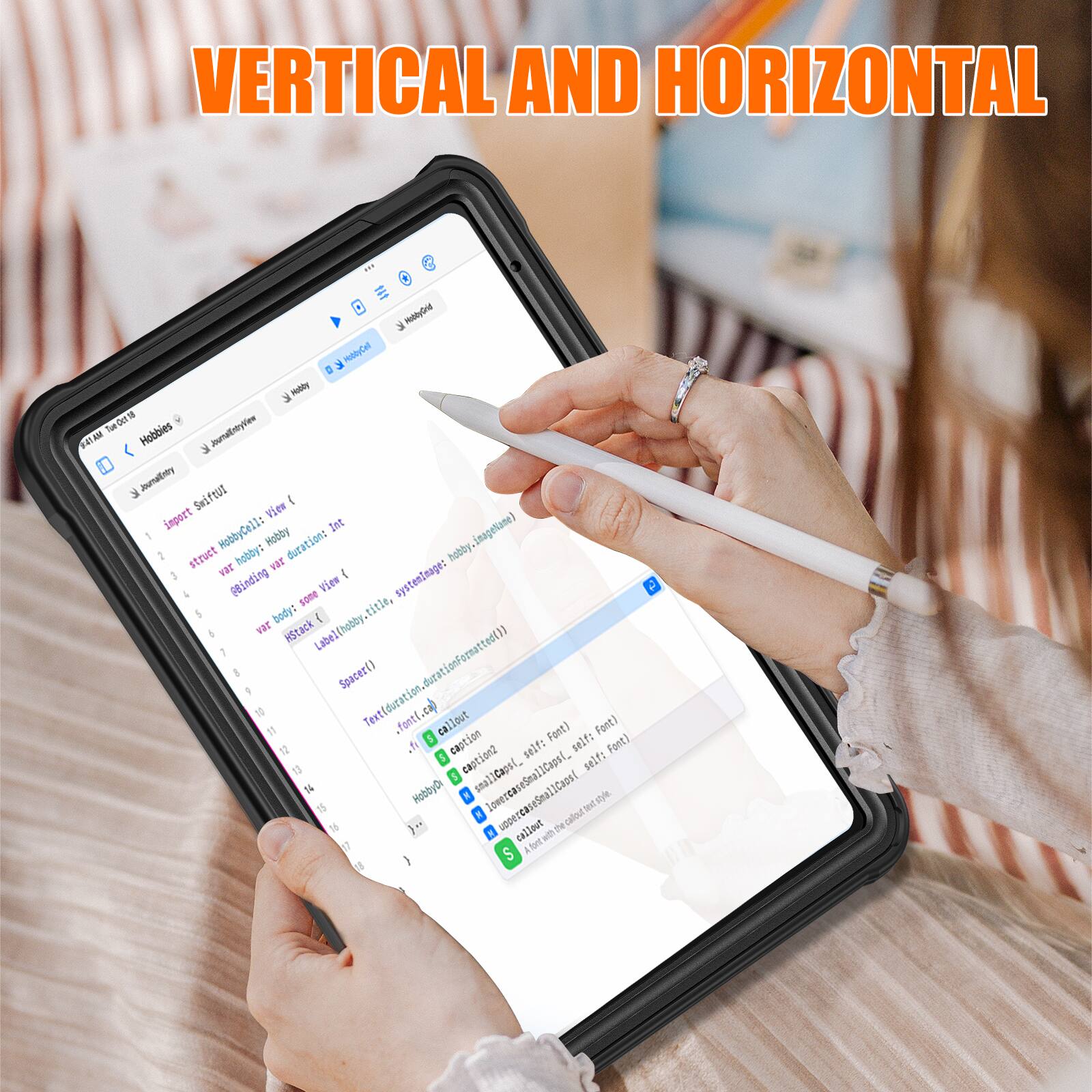 VERTICAL AND HORIZONTAL

1. Roblydne
2. MoyCal
3. Hbly Tuwe Oer1
4. Hobbies JournalntryView
5. Joumnatnary Swiftud VSew
6. import Int inagetiane
7. HobbyCel1: Hobby durations hobby struct hobby: var var systeminage: (Binding sone View body: ! title, v HStack LabelChobby. 1 Spacer1) Text(duration.durationFocFormattec()) ca) forti callout Font) Fent) S caption self: Fant) .n self: 5 SnOE7RS self: HobbyD 5 smallCaosl. smal lowercaseSnallCapsl, ter a caloul 3. 1 callest wth The A fortwith S
