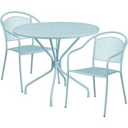 Emma + Oliver - Commercial 35.25" Round Metal Garden Patio Table Set w/ 2 Round Back Chairs - Sky Blue
