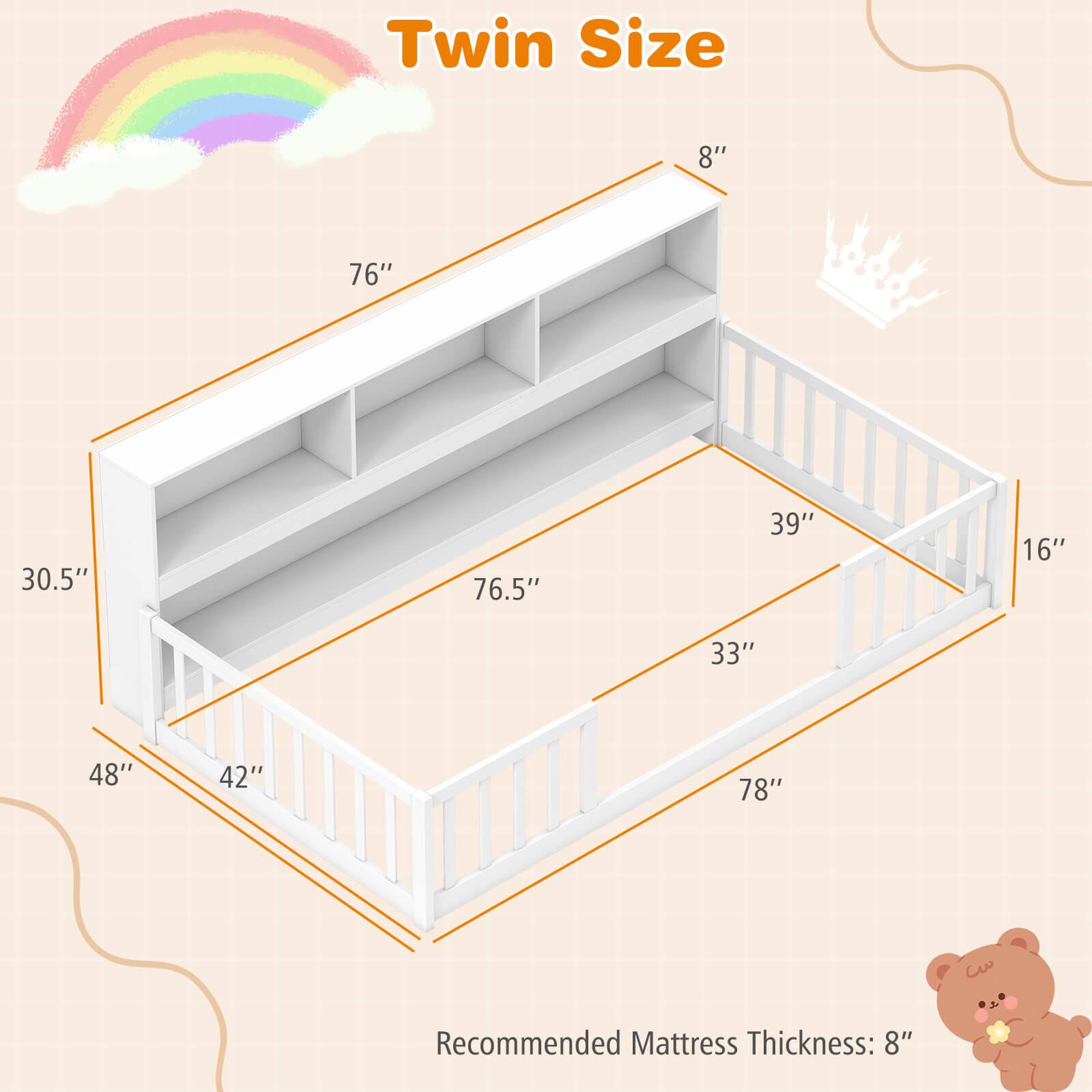 Twin Size: 8" x 76" x 76.5" x 39" x 16" x 33" x 48" x 42" x 78"
Recommended Mattress Thickness: 8"