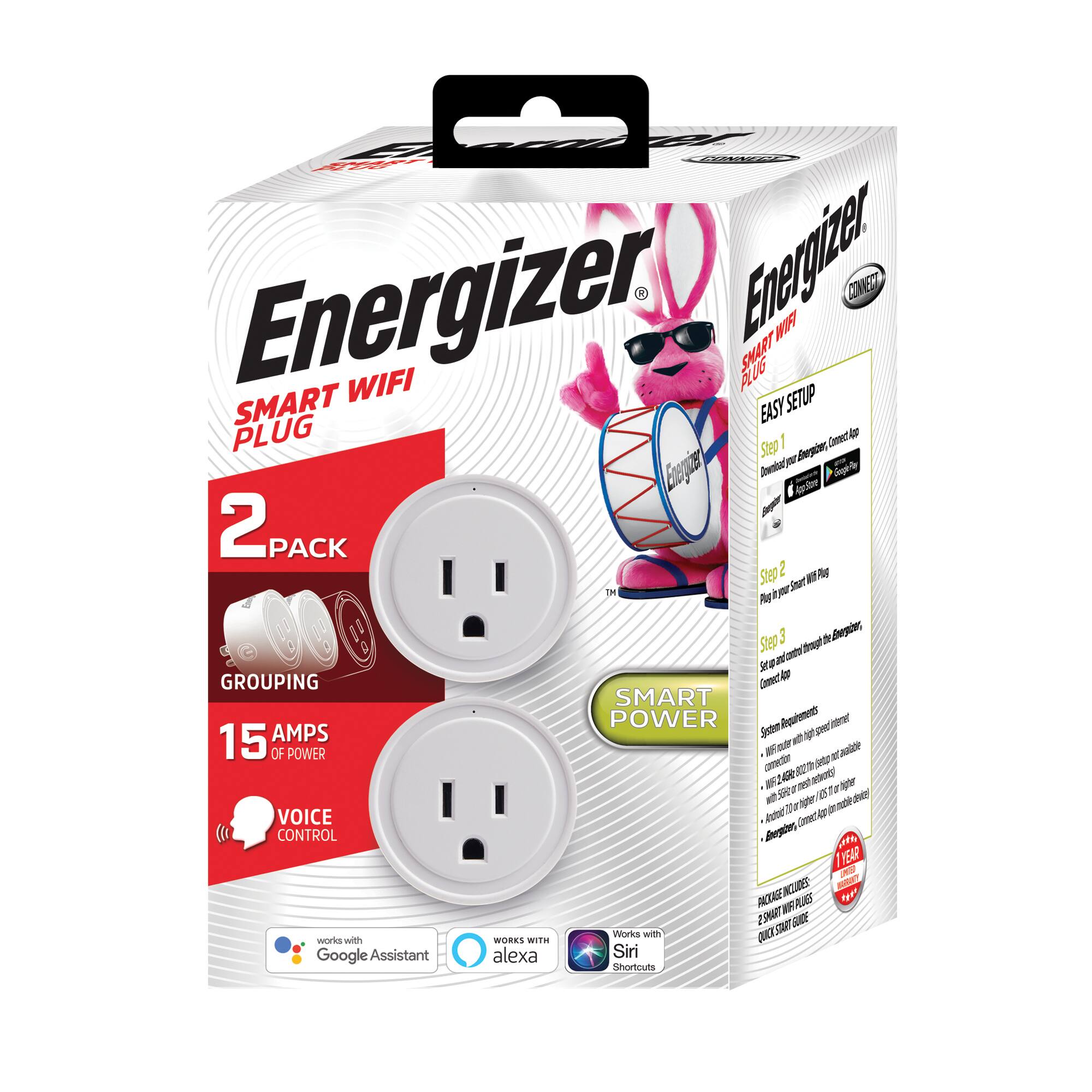 Energizer Smart WiFi Plug

2 Pack

Grouping

15 Amps of Power

Voice Control

Works with Google Assistant, Alexa, Siri

Easy Setup

Step 1: Download your Energizer Connect App
Step 2: Plug in your Smart WiFi Plug
Step 3: Set and control through the App
