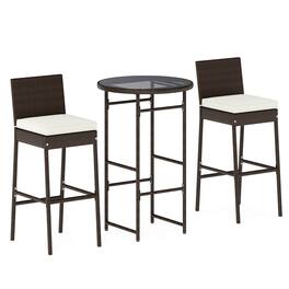 Costway - 3 Piece Outdoor Bar Set Patio Rattan Bar Height Table & Chairs with Glass Tabletop - Mix Brown,Off White