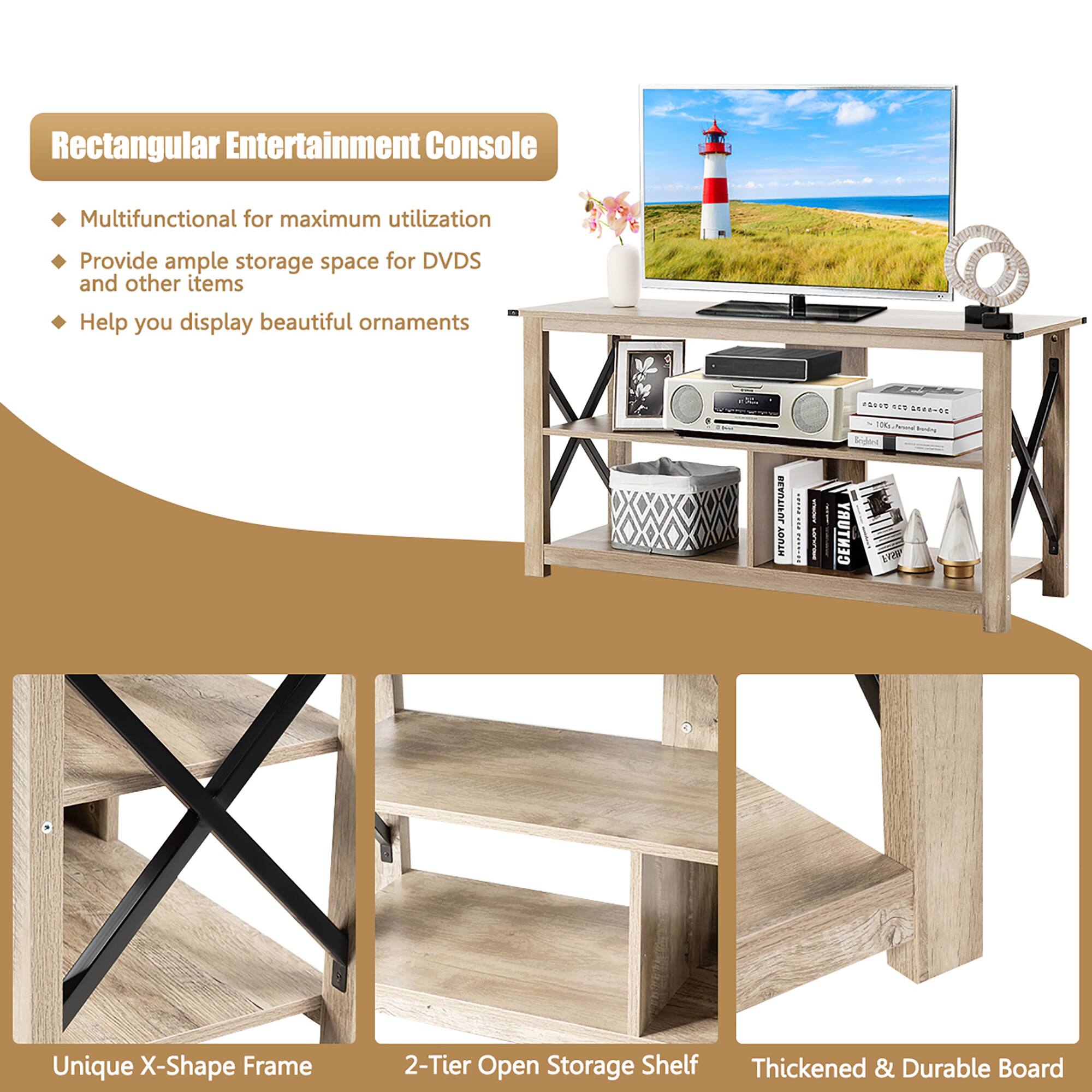 The text on the image is grouped and corrected as follows:

"Rectangular Entertainment Console: Multifunctional for maximum utilization, provide ample storage space for DVDS and other items, help you display beautiful ornaments. Unique X-Shape Frame, 2-Tier Open Storage Shelf, Thickened & Durable Board."