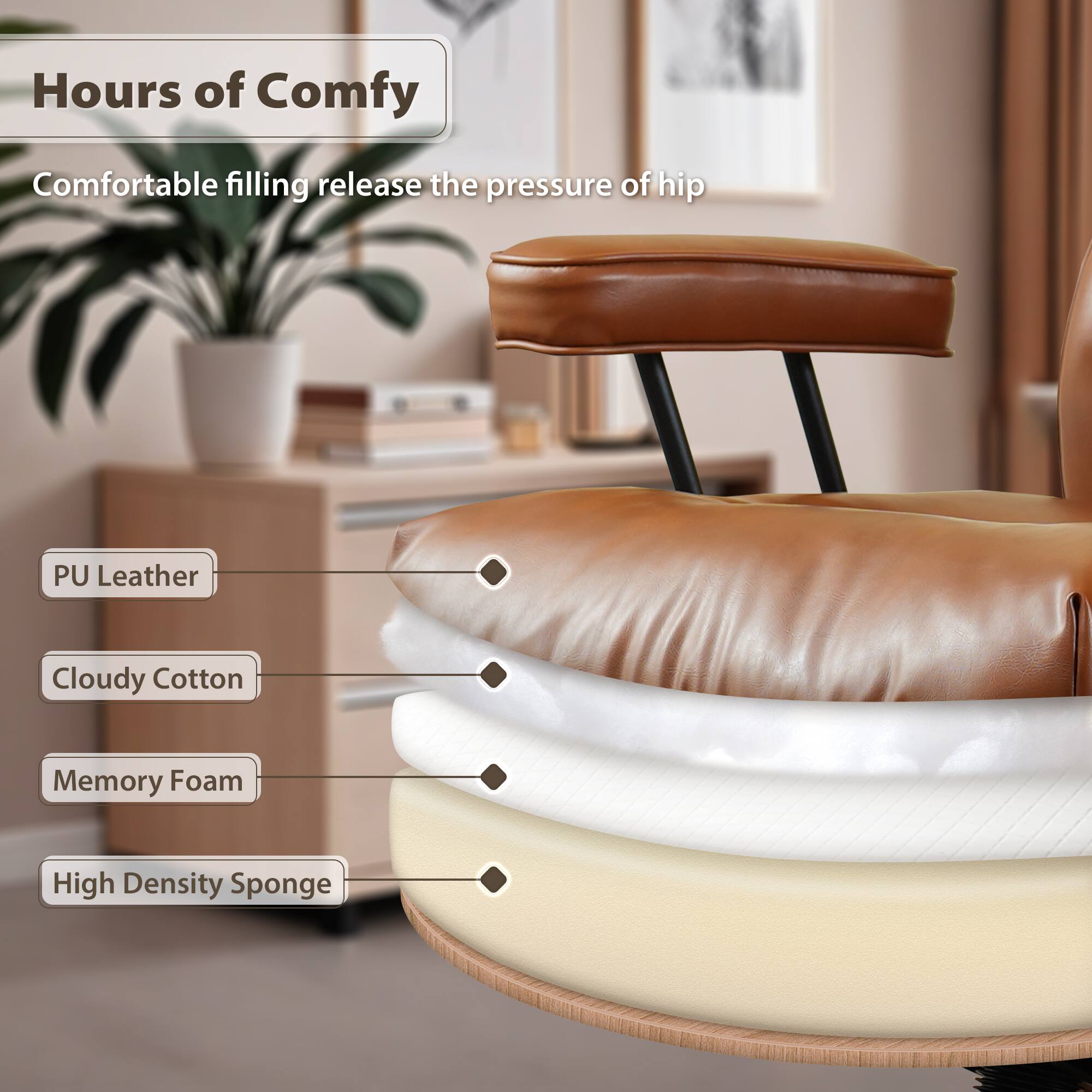 Hours of Comfy  
Comfortable filling release the pressure of hip  

- PU Leather  
- Cloudy Cotton  
- Memory Foam  
- High Density Sponge