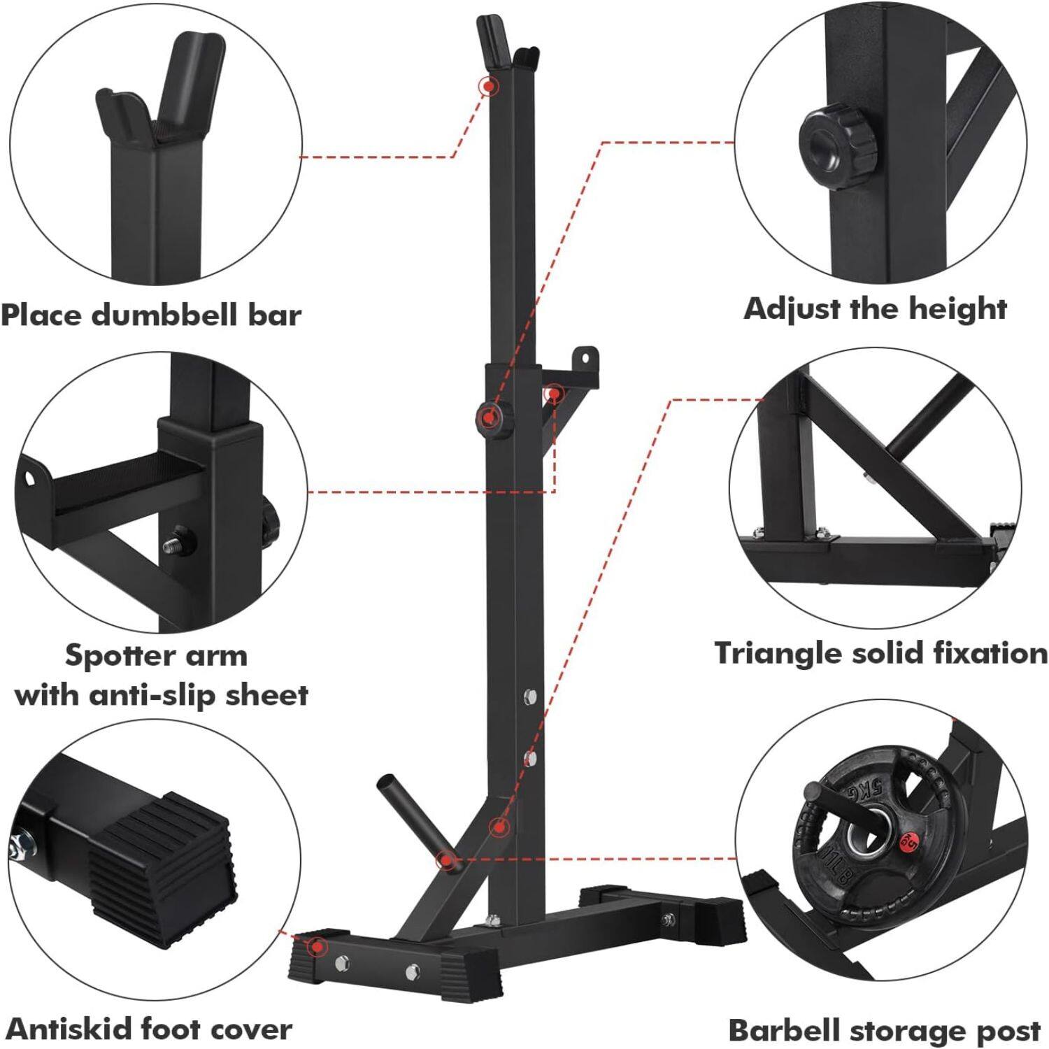 - Place dumbbell bar
- Adjust the height
- Spotter arm with anti-slip sheet
- Triangle solid fixation
- Antiskid foot cover
- Barbell storage post