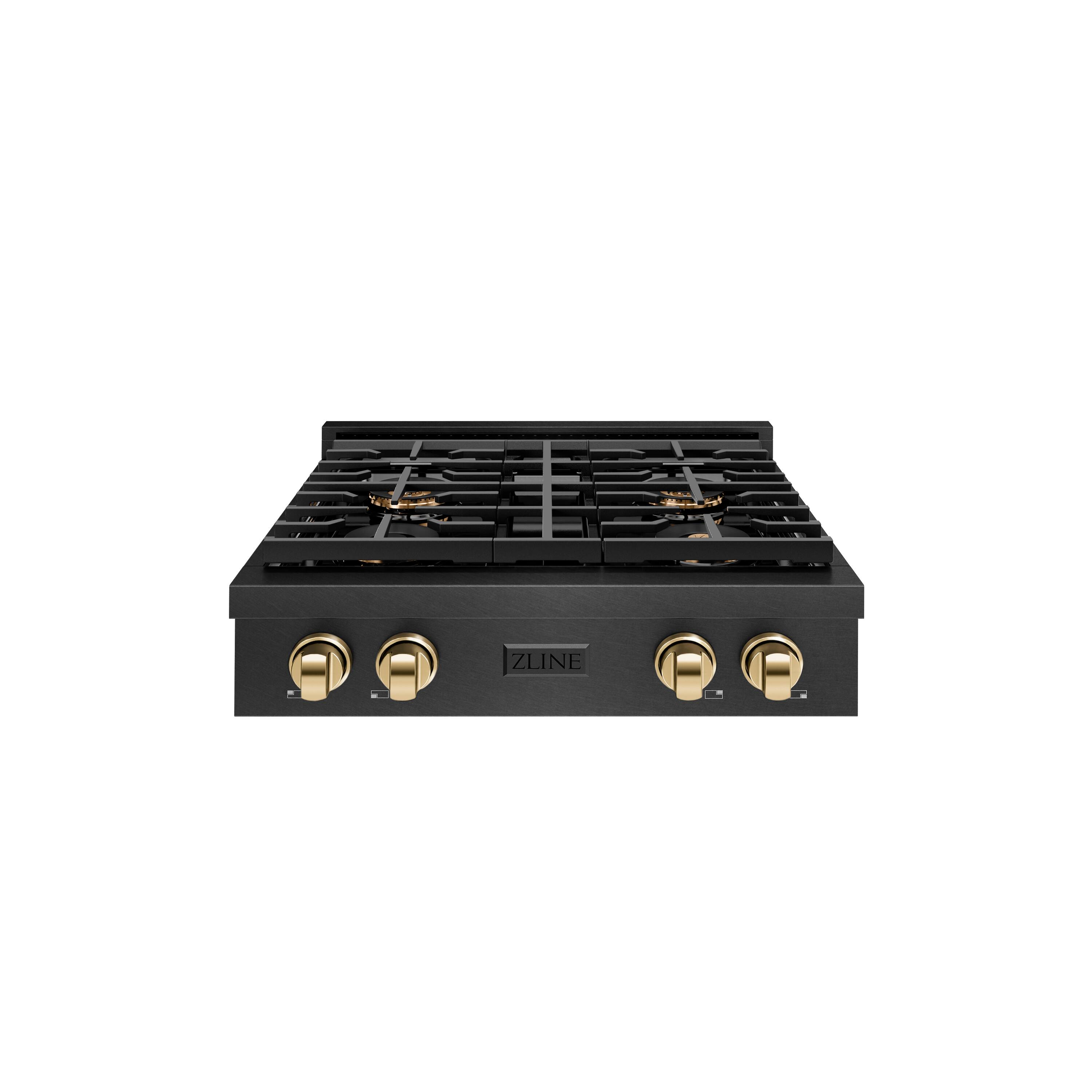 Front. ZLINE - ZLINE Autograph 30 in. 4 Burner Paramount DuoPro Gas Rangetop in Black Satin Steel and Gold Accents (PSRTBSZ-30-G) - Black Satin Stainless Steel.