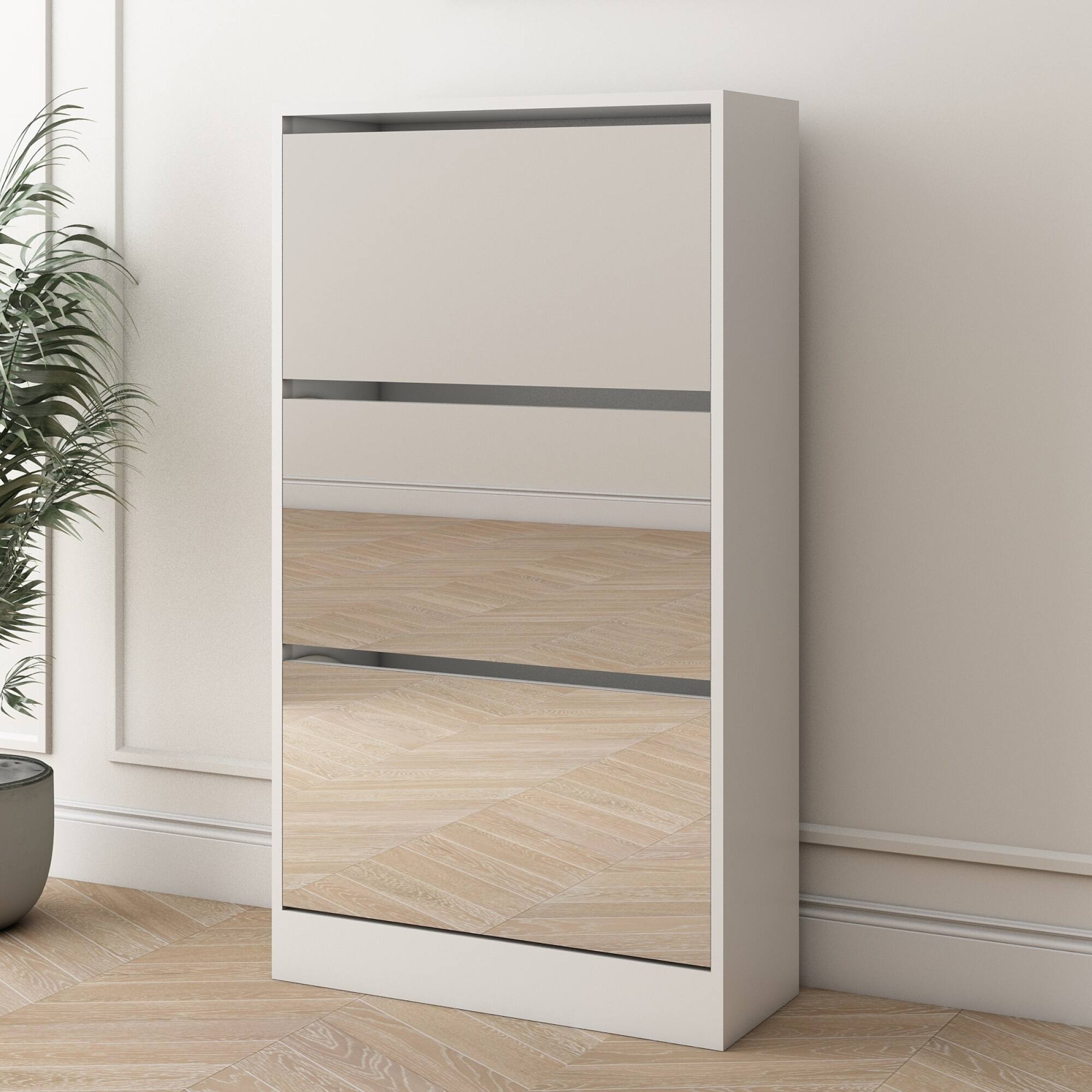 Left. GOODSILO - Slim Shoe Storage Cabinet with Full-Length Mirror and Rotating Drawers for Entryway and Bedroom Organization - Matte White.