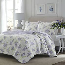 Hivvago - Full / Queen size 3-Piece Cotton Quilt Set with White Purple Floral Pattern - White, Purple