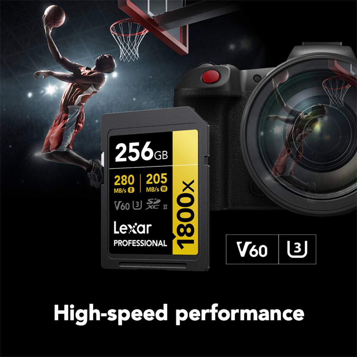 256GB 280 MB/s R 205 MB/s W V60 U3 XC II Lexar PROFESSIONAL 1800x High-speed performance