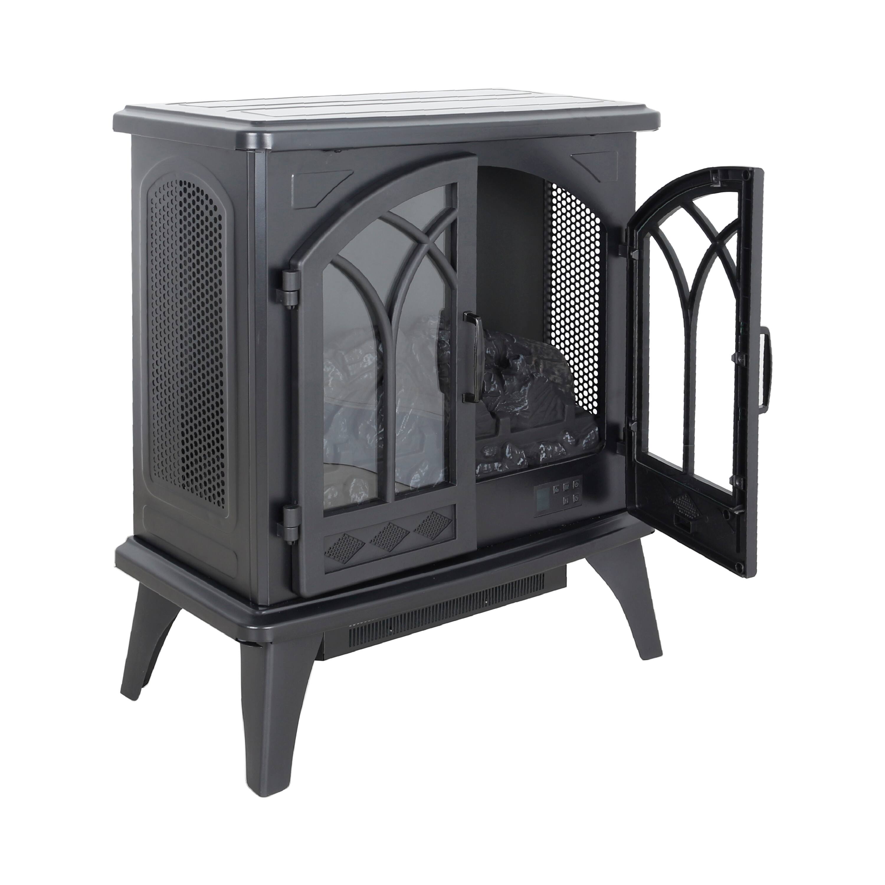 Left. Mondawe - 24" 3D Flame Electric Infrared Fireplace Stove with Remote and Double Door - Black.