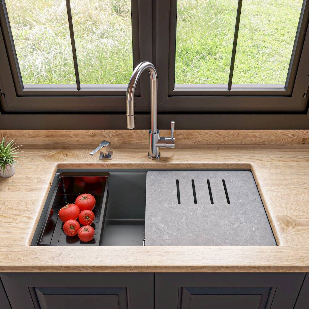 Left. Alfi - 33" Granite Composite Workstation Step Rim Single Bowl Undermount Sink - Gray.