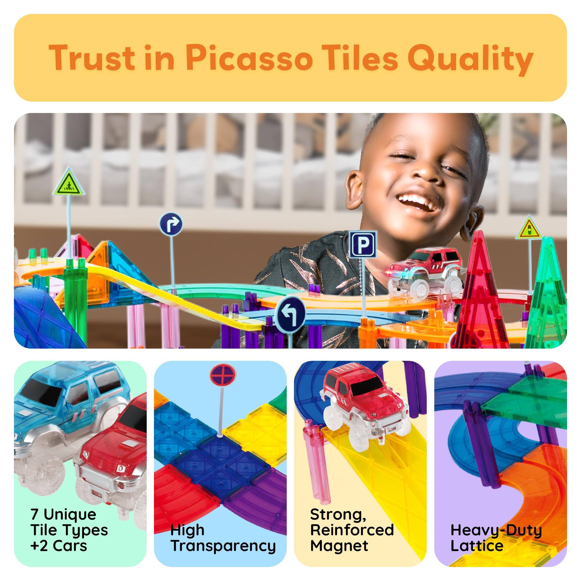 Trust in Picasso Tiles Quality

- 7 Unique Tile Types + 2 Cars
- High Transparency
- Strong, Reinforced Magnet
- Heavy-Duty Lattice