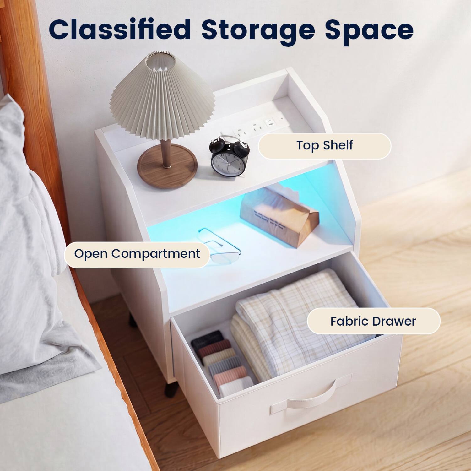 Classified Storage Space

- Top Shelf
- Open Compartment
- Fabric Drawer