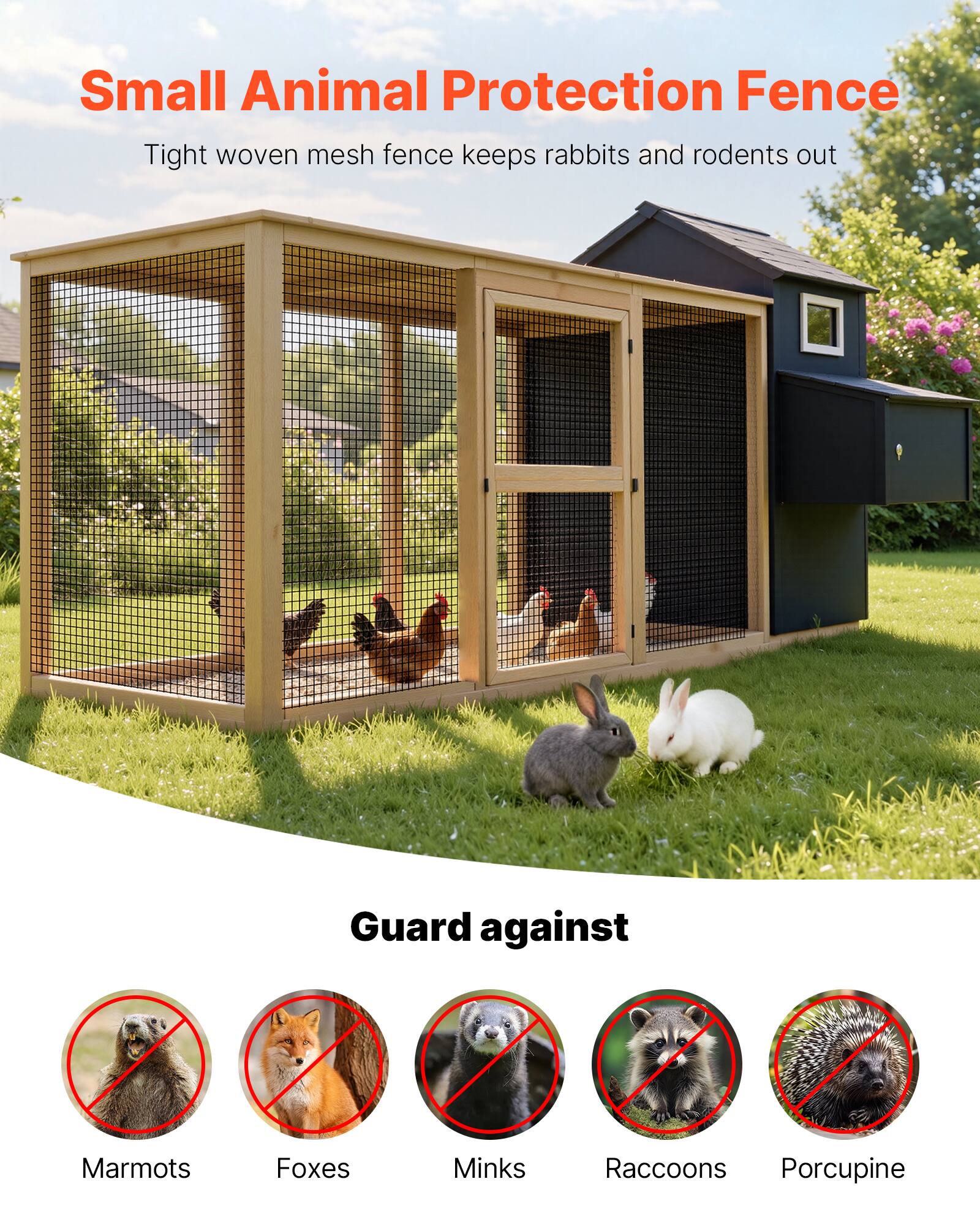 Small Animal Protection Fence  
Tight woven mesh fence keeps rabbits and rodents out  

Guard against  
Marmots  
Foxes  
Minks  
Raccoons  
Porcupine