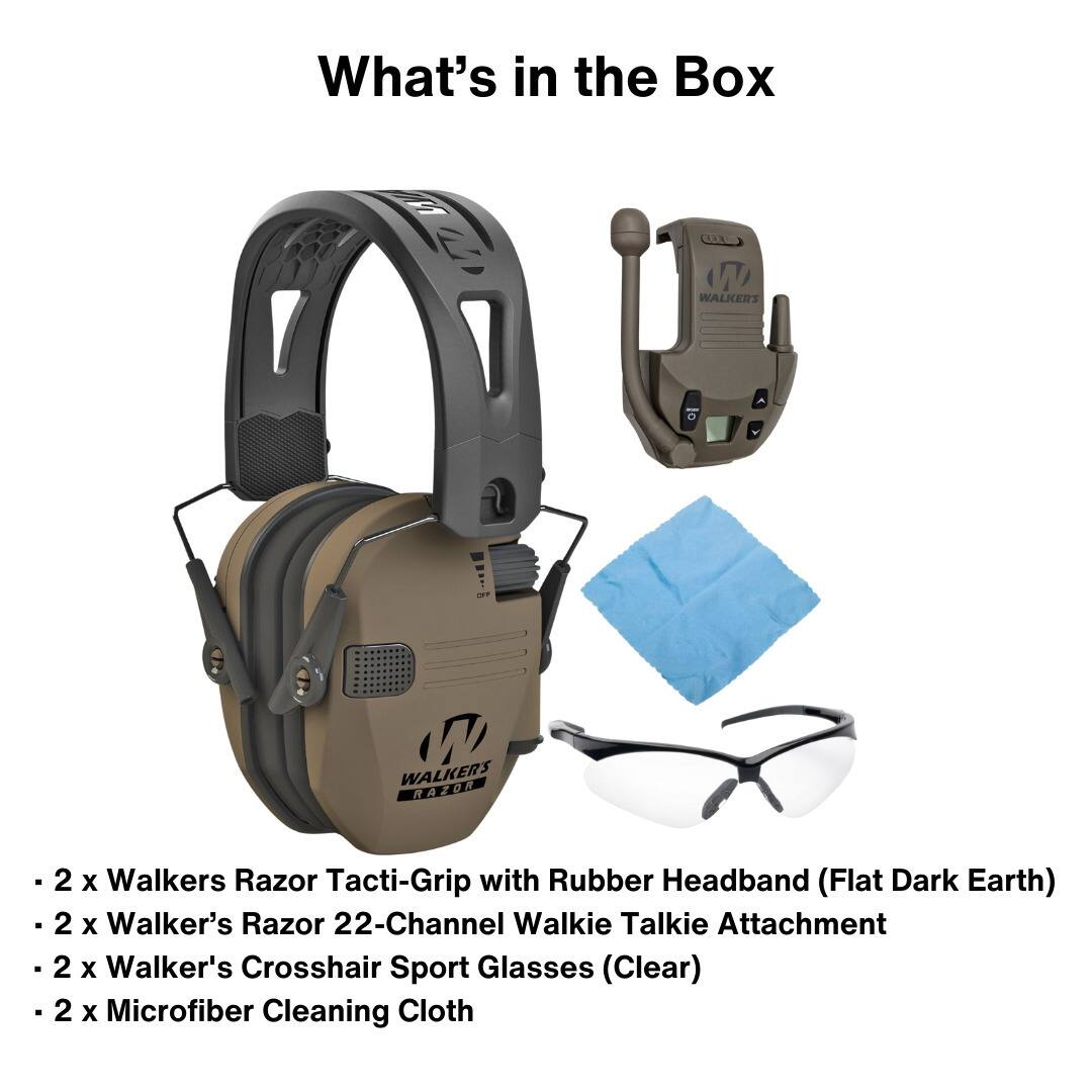 What's in the Box

- 2 x Walkers Razor Tacti-Grip with Rubber Headband (Flat Dark Earth)
- 2 x Walker's Razor 22-Channel Walkie Talkie Attachment
- 2 x Walker's Crosshair Sport Glasses (Clear)
- 2 x Microfiber Cleaning Cloth