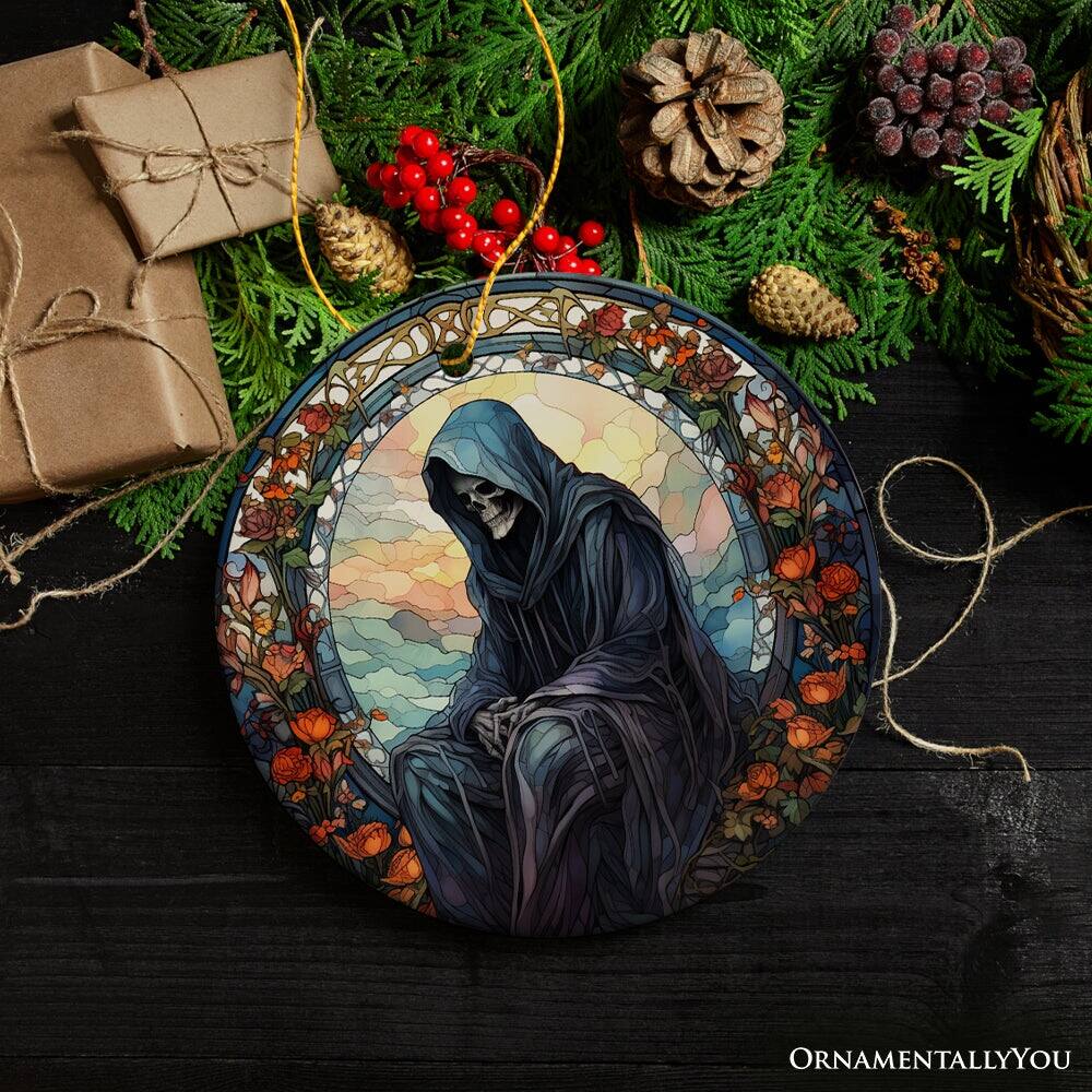 Back. OrnamentallyYou - Halloween Angel of Death Stained Glass Style Ceramic Ornament - Multi-colored.