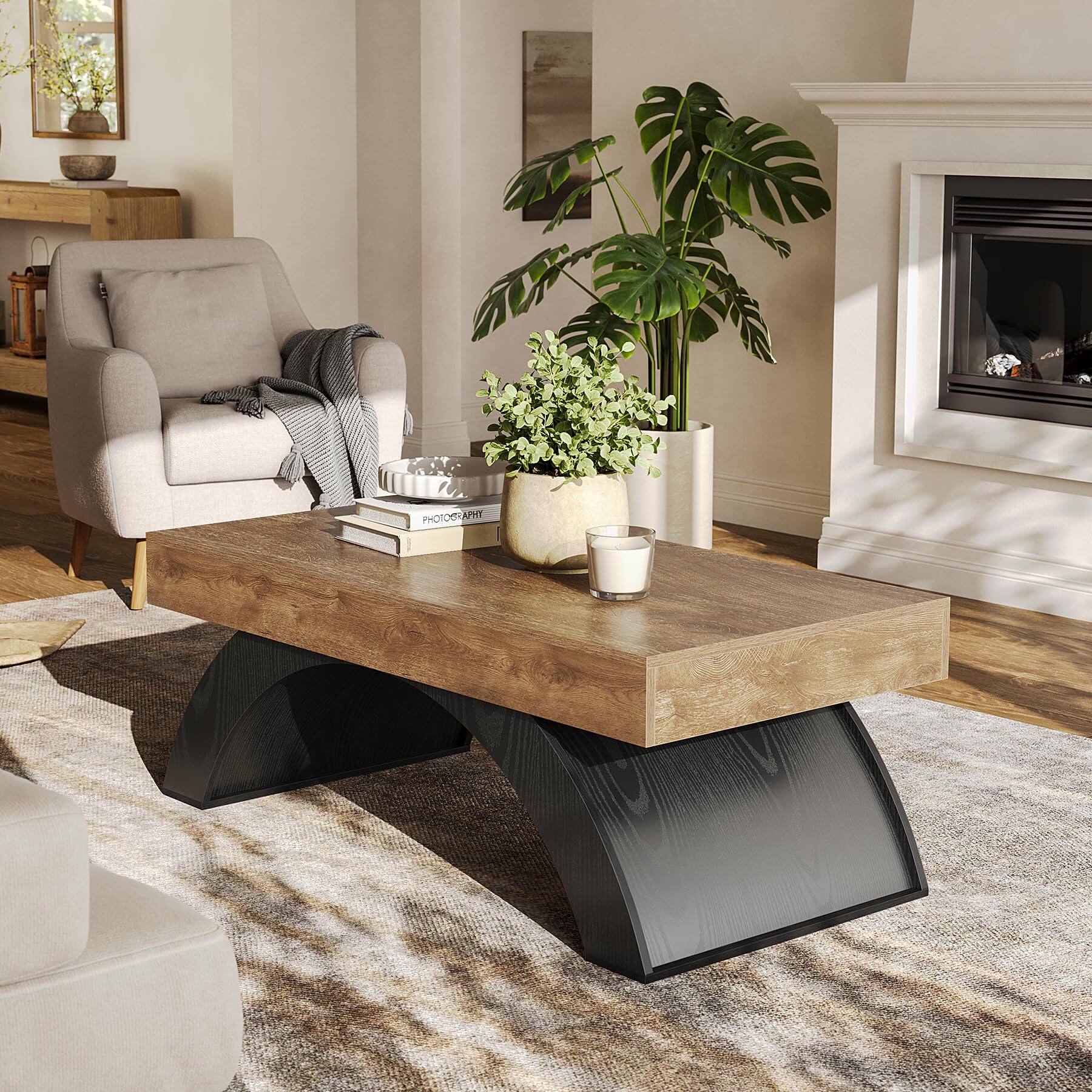 Alt View 3. Tribesigns - LITTLE TREE Modern Coffee Table, 47” Living Room Table, Rectangle Coffee Table with Artistic Arched Base, Wood Center Ta - Brown & Black.