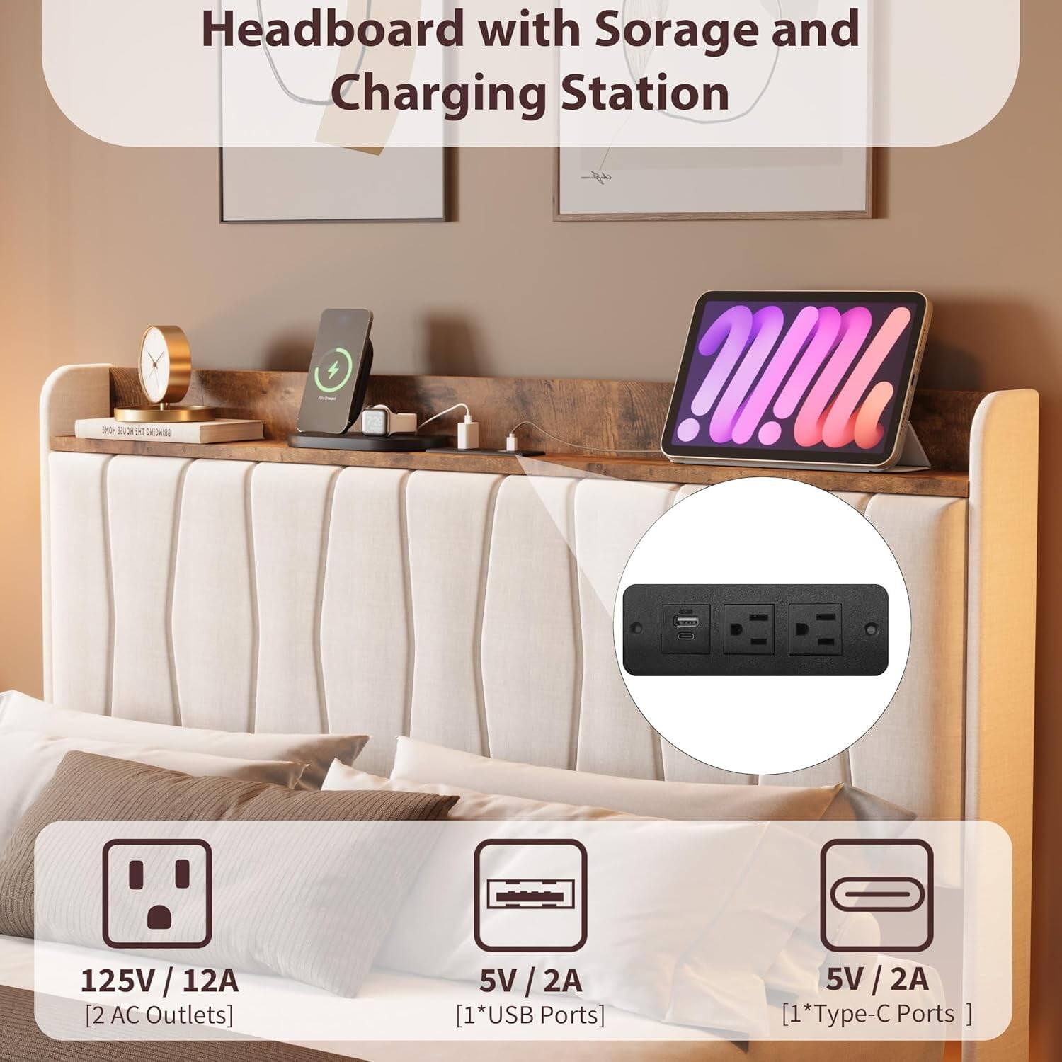 Headboard with Storage and Charging Station

125V / 12A [2 AC Outlets]

5V / 2A [1*USB Ports]

5V / 2A [1*Type-C Ports]