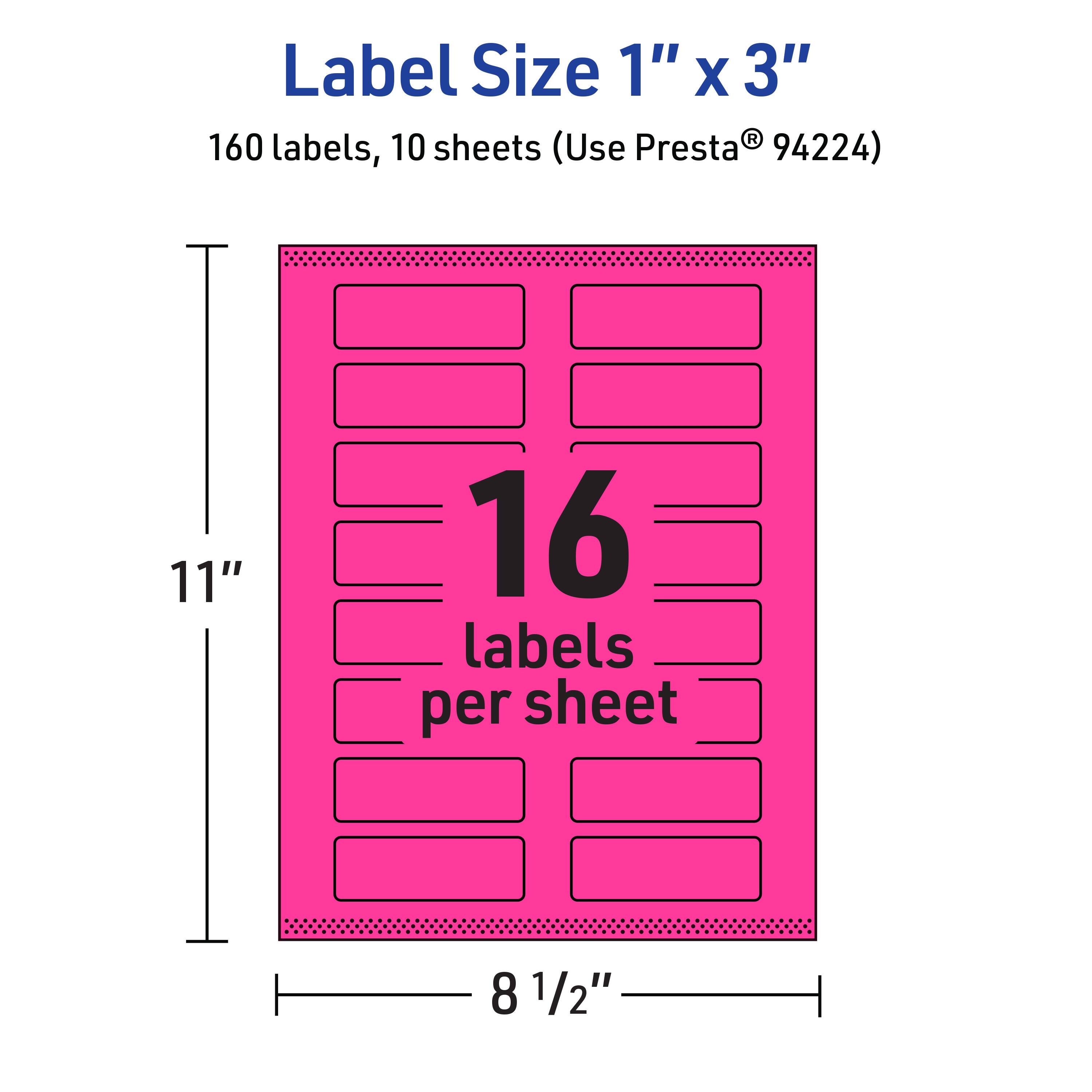 Label Size 1" x 3"  
160 labels, 10 sheets (Use Presta® 94224)  
16 labels per sheet  
11" x 8 1/2"