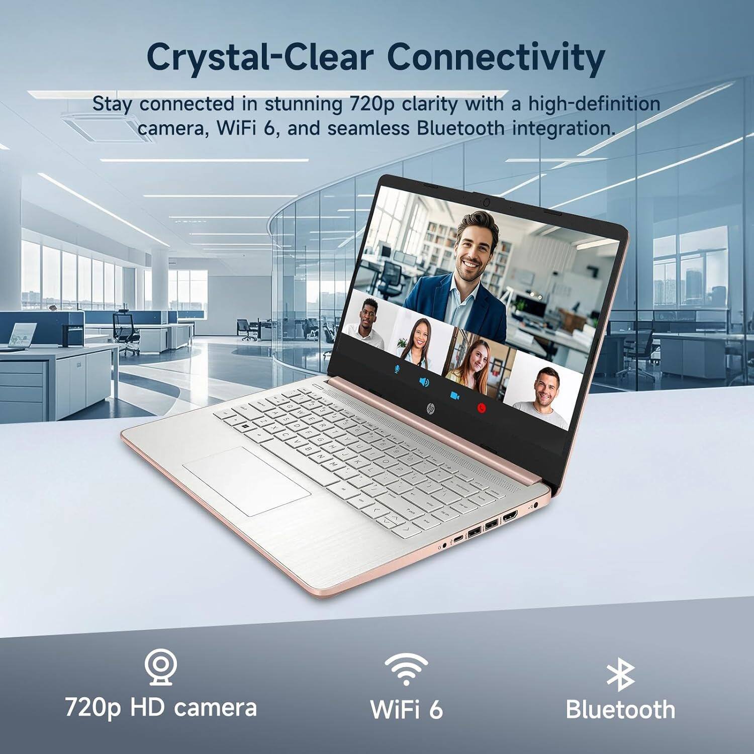 Crystal-Clear Connectivity  
Stay connected in stunning 720p clarity with a high-definition camera, WiFi 6, and seamless Bluetooth integration.  

- 720p HD camera  
- WiFi 6  
- Bluetooth