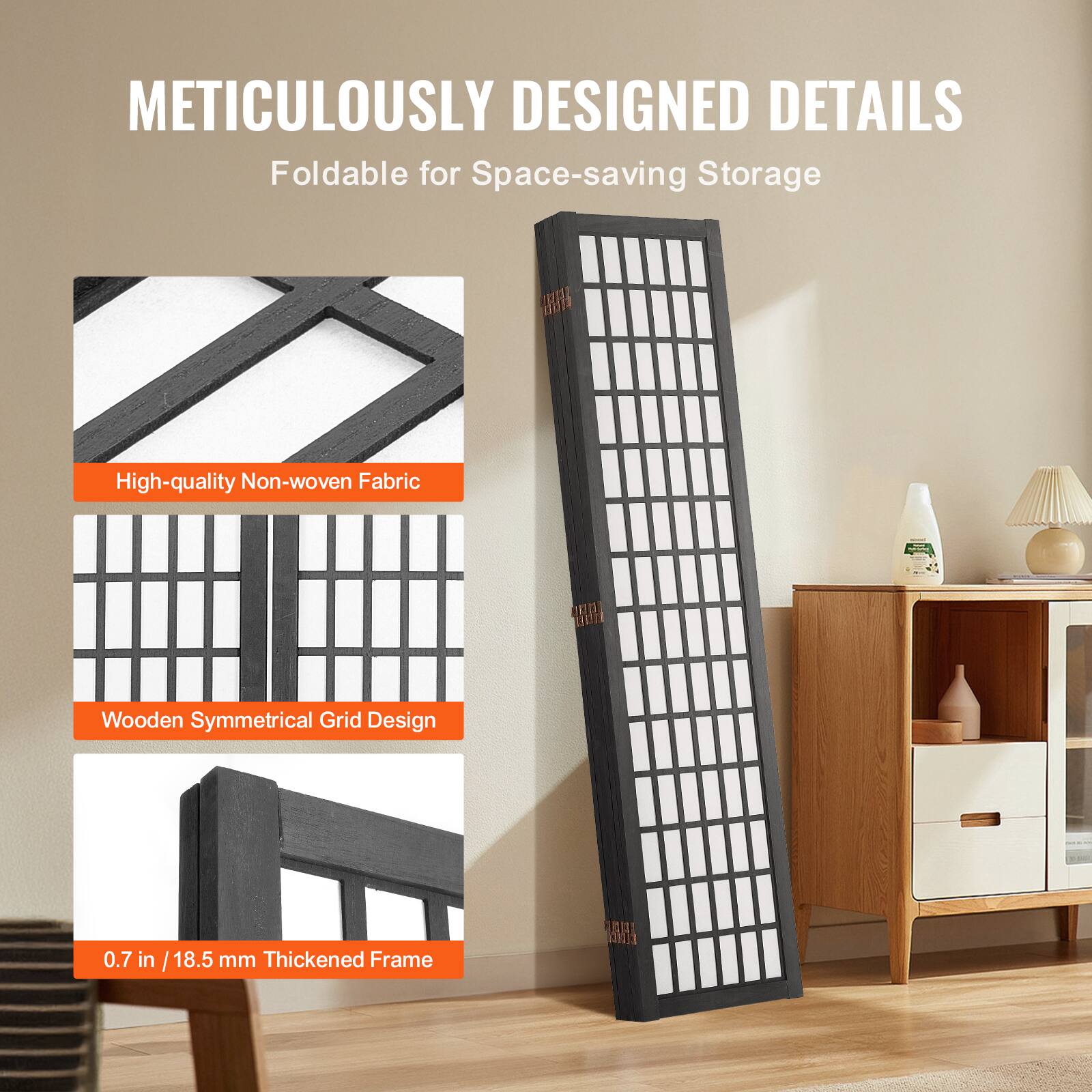 METICULOUSLY DESIGNED DETAILS  
Foldable for Space-saving Storage  

- High-quality Non-woven Fabric  
- Wooden Symmetrical Grid Design  
- 0.7 in / 18.5 mm Thickened Frame