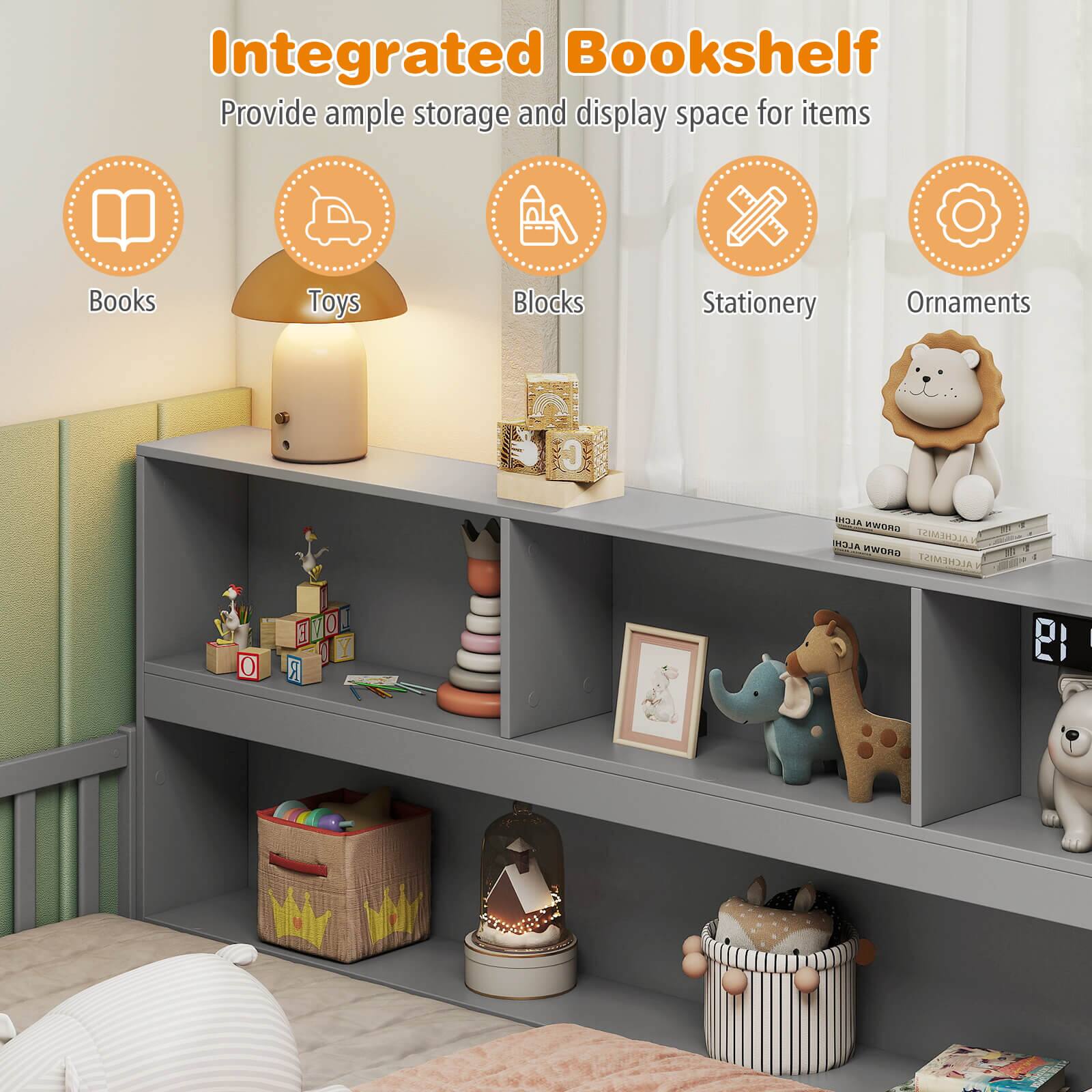 Integrated Bookshelf Provide ample storage and display space for items such as books, toys, blocks, stationery, ornaments, and other miscellaneous items.
