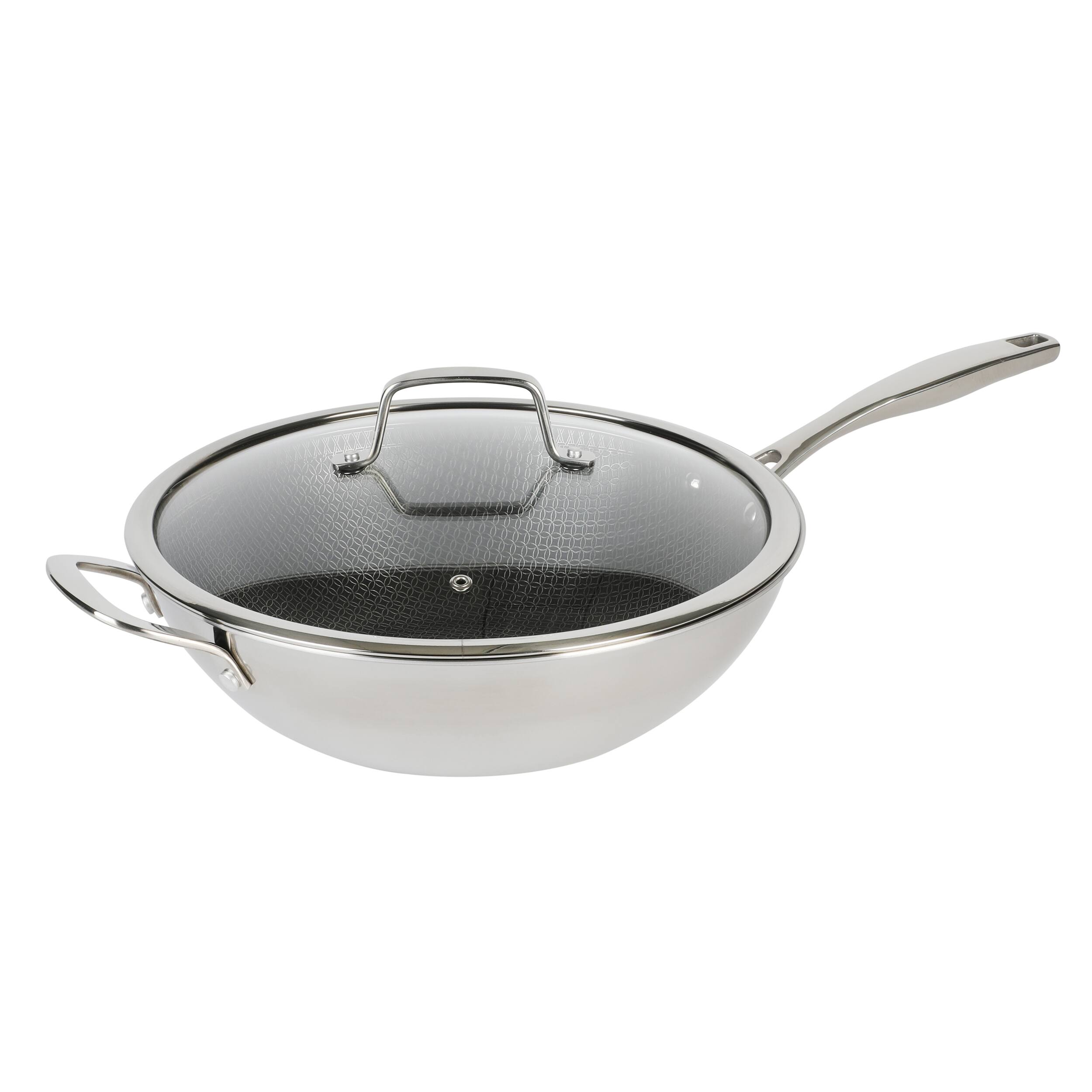 Front. Kenmore - Kenmore Elite Luke 12 Inch Non-Stick Tri-Ply Stainless Steel Wok with Glass Lid - Silver.