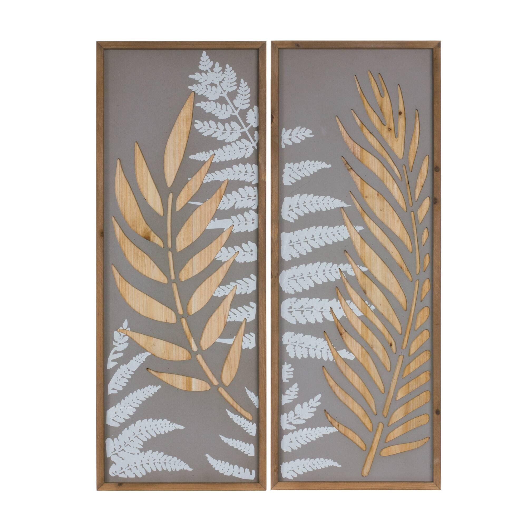 BreeBe - Wood Framed Fern Panel Wall Art (Set of 2) - White, Brown, Grey