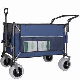 Mondawe - 300L XL Push-Pull Folding Wagon Utility Carts w/ 9"x4" Beach Tires, 360° Wheels, Adjustable Handle for Camping/Beach - Blue