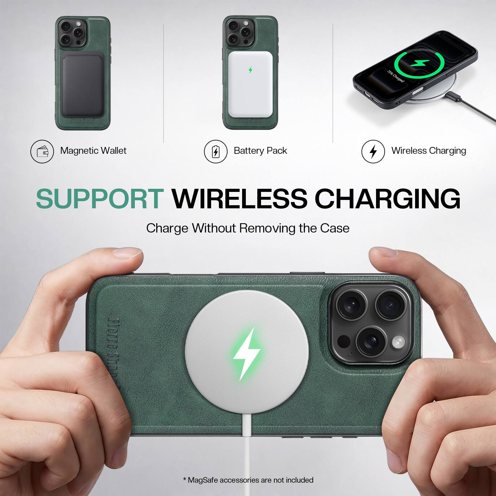 NSI Charged  
STORE  
Magnetic Wallet  
Battery Pack  
Wireless Charging  
SUPPORT WIRELESS CHARGING  
Charge Without Removing the Case  
*MagSafe accessories are not included