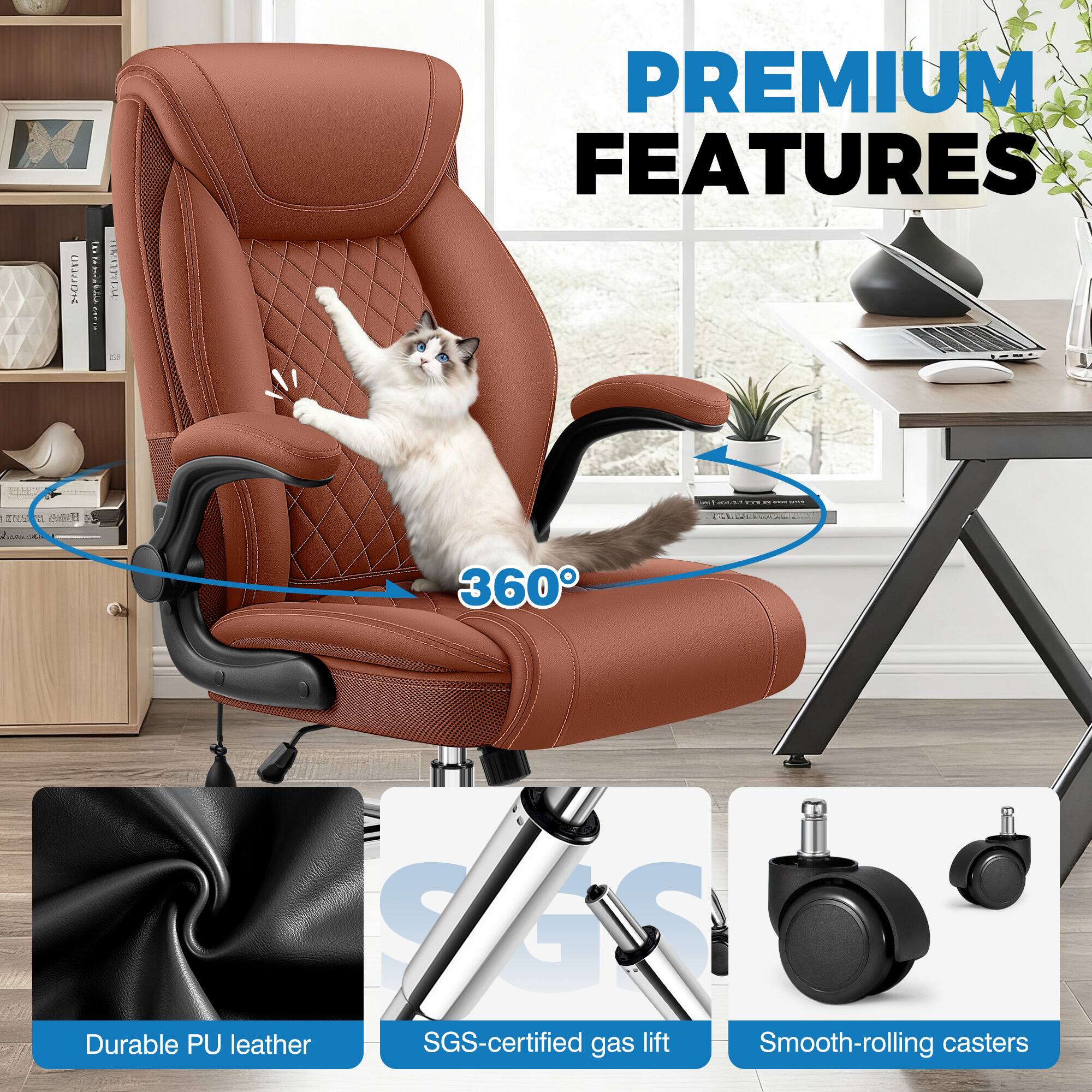PREMIUM FEATURES

- 360°
- Durable PU leather
- SGS-certified gas lift
- Smooth-rolling casters
