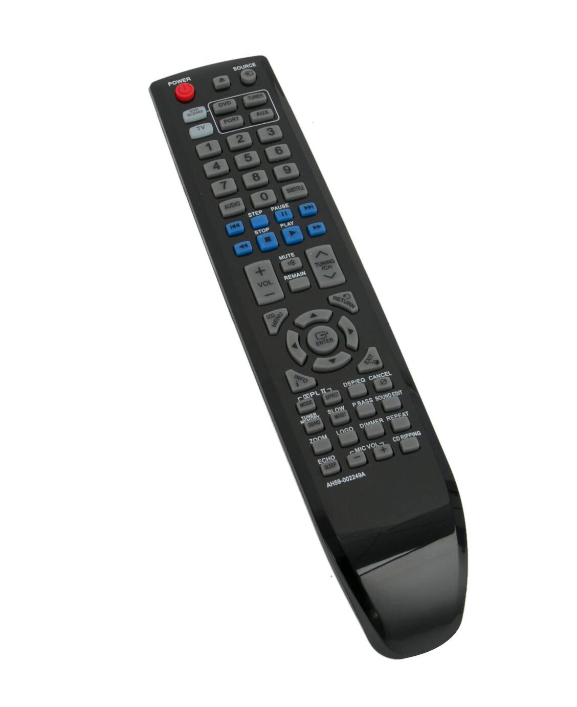 SOURCE POWER  
DVD TUNER A XUA PORT TV 3 2 1 6 5 4 9 8 7 SATTLE 0 AUDIO PAUSE STEP 11 H PLAY STOP d MUTE o TUNING CH REMAIN VOL RETURN cm MENU ENTER EXIT INFO CANCEL i DSP/EO 0PLE SPC SOUNDEDIT EDIT MODE PBASS B OW JO MORT REPEAT SOMD DIMMER LOGO DRIPPING ZOOM -MICVOL ECHO a0P . AH59-002249A