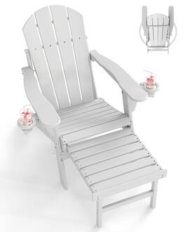 FODINGHILL - Folding Adirondack Chair with Retractable Ottoman, HDPE All-Weather Construction & Cup Holders - White