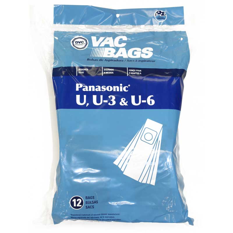 DVC Brand  
VAC BAGS  
Bolsas de Aspiradora / Sacs à aspirateur  

Designed to fit / DISEÑADO A MEDIDA / CONÇU POUR S'ADAPTER À  

Panasonic U, U-3 & U-6  

12 BAGS / BOLSAS / SACS  

Registered trademark of IAET de aspiradora