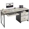 Front. Bestier - 55 inch Executive Office Desk with Drawers, Keyboard Tray & File Cabinet for Home Office - Retro Gray Oak Light.
