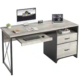 Bestier - 55 inch Executive Office Desk with Drawers, Keyboard Tray & File Cabinet for Home Office - Retro Gray Oak Light