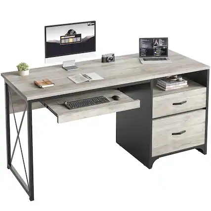 Front. Bestier - 55 inch Executive Office Desk with Drawers, Keyboard Tray & File Cabinet for Home Office - Retro Gray Oak Light.