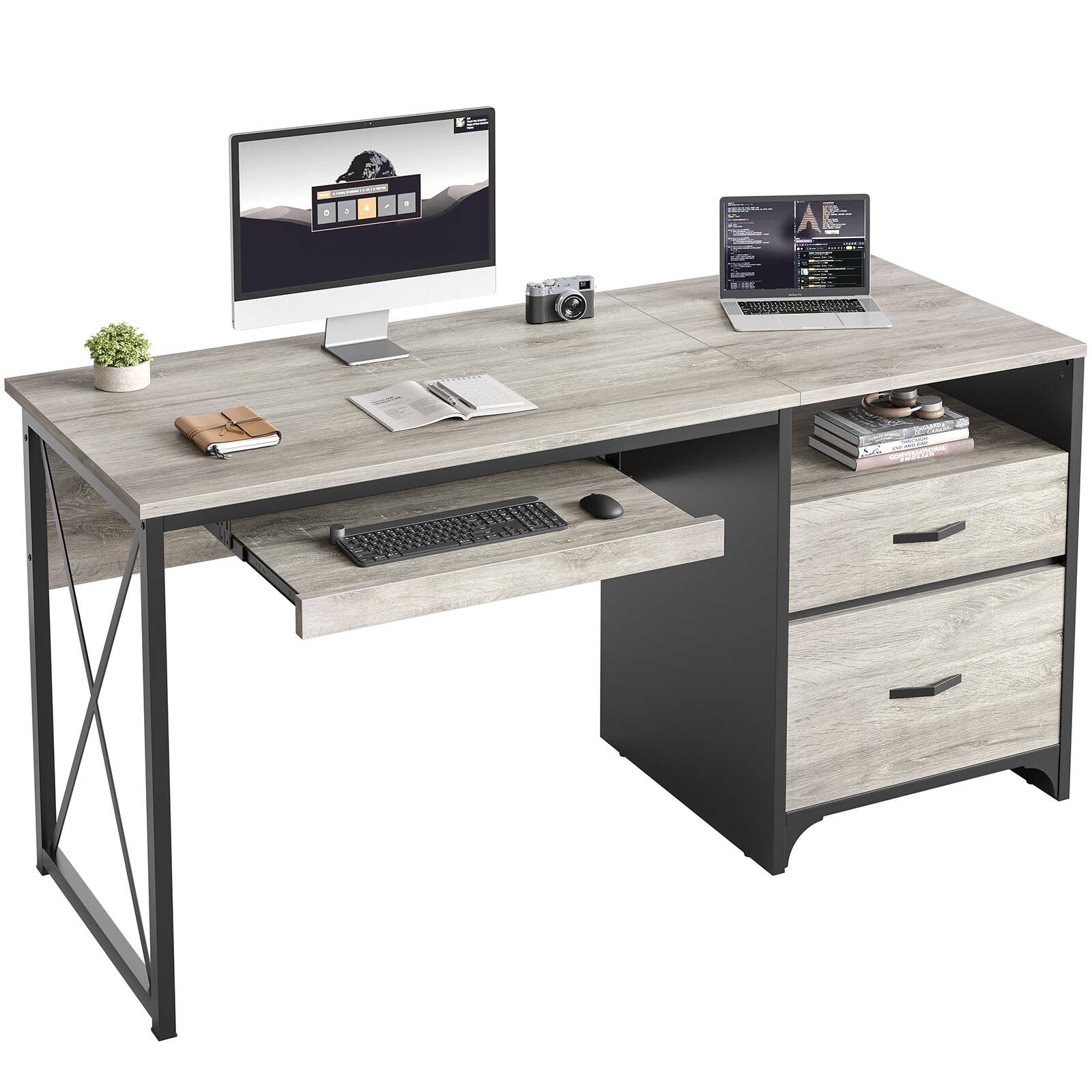 Front. Bestier - 55 inch Computer Desk with Drawers & Keyboard Tray & File Cabinet Home Office Desk - Retro Gray Oak Light.