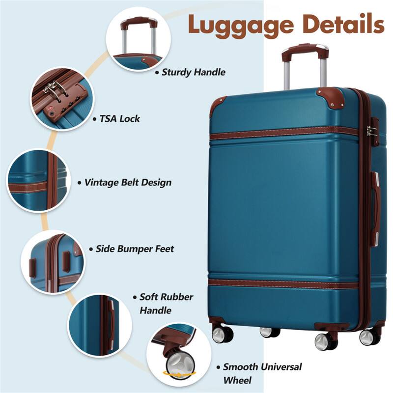 Luggage Details  
- Sturdy Handle  
- TSA Lock  
- Vintage Belt Design  
- Side Bumper Feet  
- Soft Rubber Handle  
- Smooth Universal Wheel