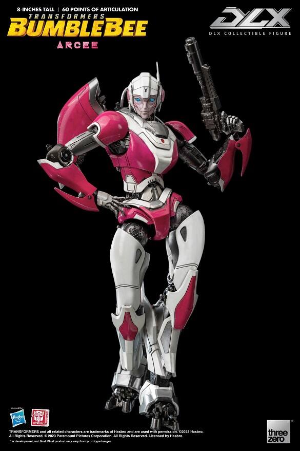 8-INCHES TALL | 60 POINTS OF ARTICULATION  
TRANSFORMERS  
BUMBLEBEE  
ARCEE  

DLX COLLECTIBLE FIGURE  

TRANSFORMERS and all related characters are trademarks of Hasbro and are used with permission. © 2023 Hasbro. All Rights Reserved.  
© 2023 Paramount Pictures Corporation. All Rights Reserved. Licensed by Hasbro.  

*In development. Not final. Final product may vary from prototype images.  

three zero