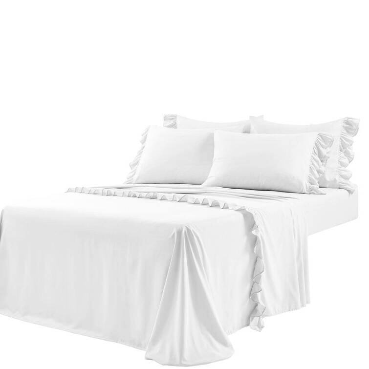 Angle. Hivvago - Queen size 6-Piece White Microfiber Sheet Set with Ruffled Edges - White.