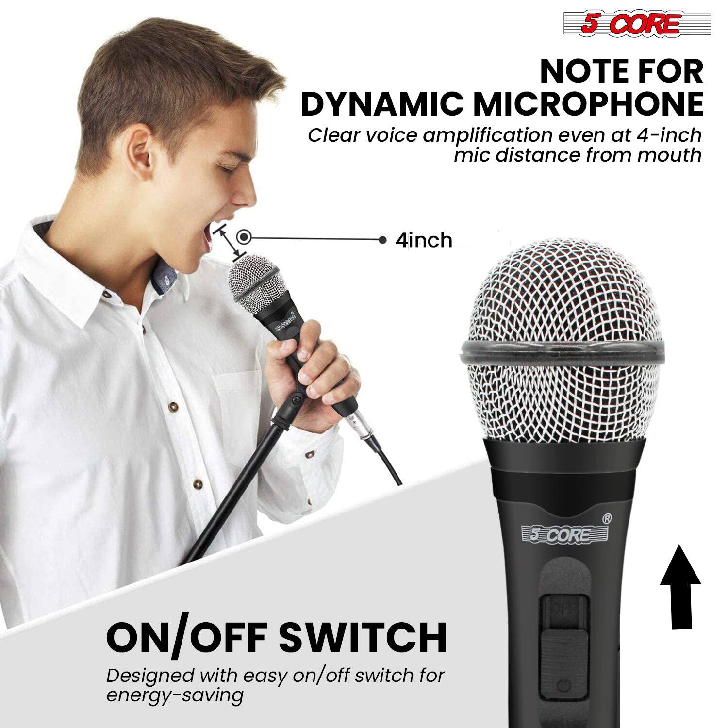5 CORE NOTE FOR DYNAMIC MICROPHONE

- Clear voice amplification even at 4-inch mic distance from mouth
- 4-inch
- CORE ON/OFF SWITCH: Designed with an easy on/off switch for energy-saving