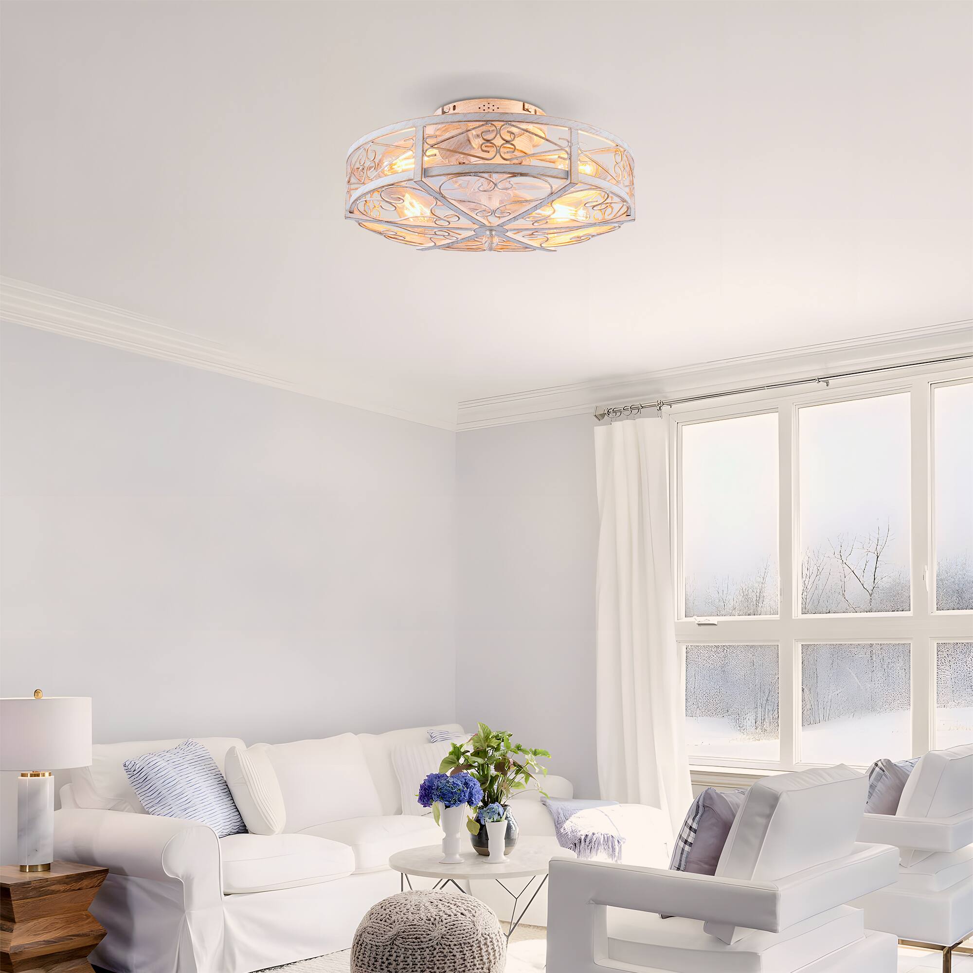 Left. GOODSILO - 20" Caged Ceiling Fan with Light & Remote, 6-Speed, Reversible, Timer (Bulbs Not Included) - Retro White.